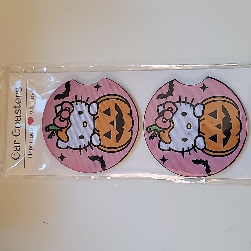 Cat with Pumpkin Handmade Reuseable Neoprene Set of 2 Car Coaster
